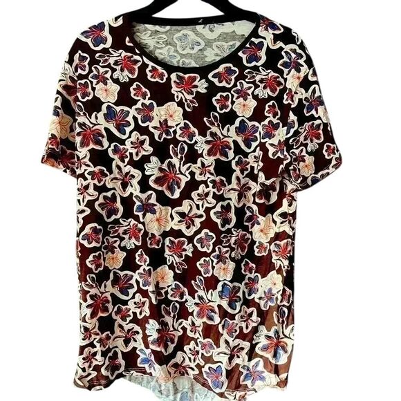 Zara Tops - Vintage-Style Floral Print Short Sleeve T-Shirt Brown & Navy Casual Summer A35‎